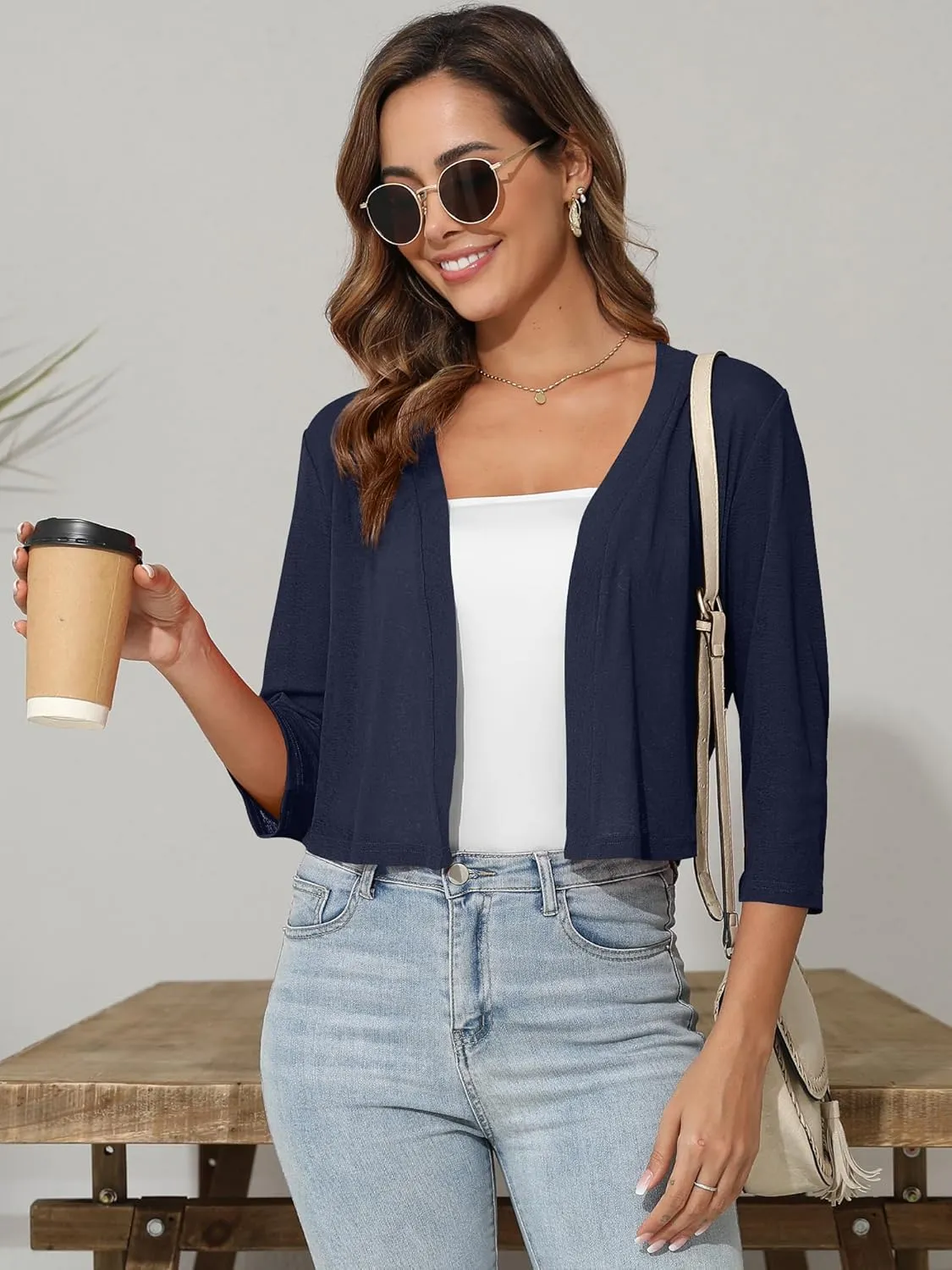 Women's 3/4 Sleeve Thin Shrugs Lightweight Open Front Cropped Sheer Cardigans for Summer