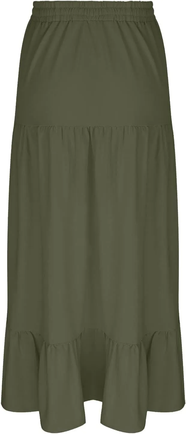 Women's High Elastic Waist Ruffle Tiered High Split Drawstring Flowy Vacation Beach Summer A-Line Maxi Skirt