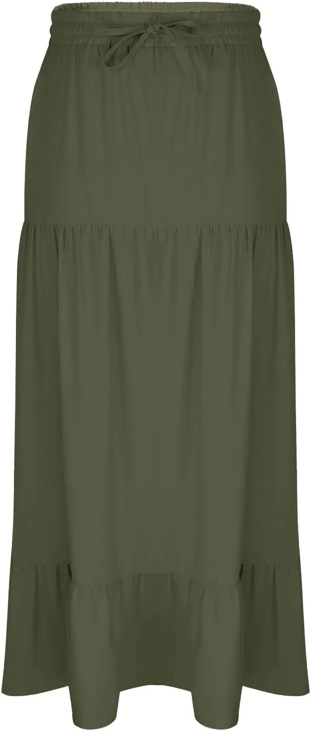 Women's High Elastic Waist Ruffle Tiered High Split Drawstring Flowy Vacation Beach Summer A-Line Maxi Skirt
