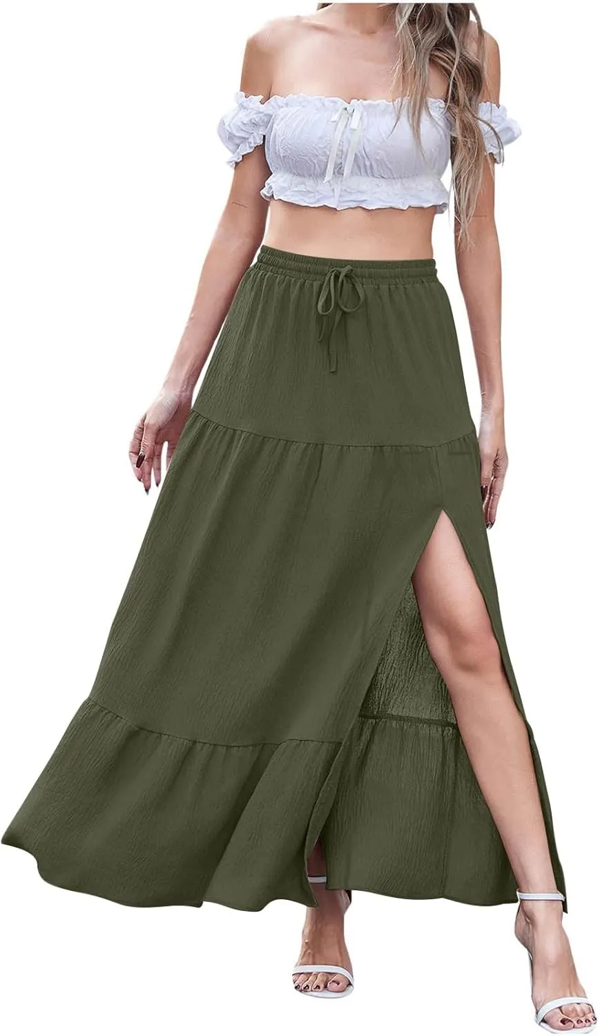 Women's High Elastic Waist Ruffle Tiered High Split Drawstring Flowy Vacation Beach Summer A-Line Maxi Skirt