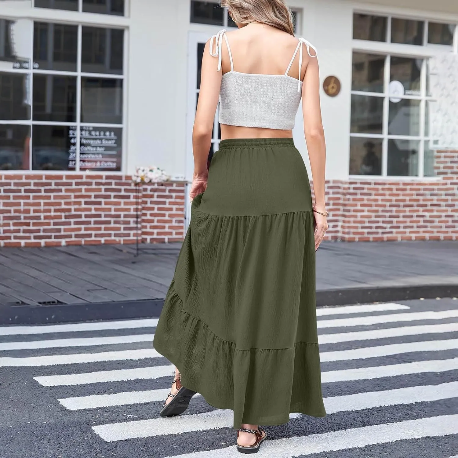 Women's High Elastic Waist Ruffle Tiered High Split Drawstring Flowy Vacation Beach Summer A-Line Maxi Skirt