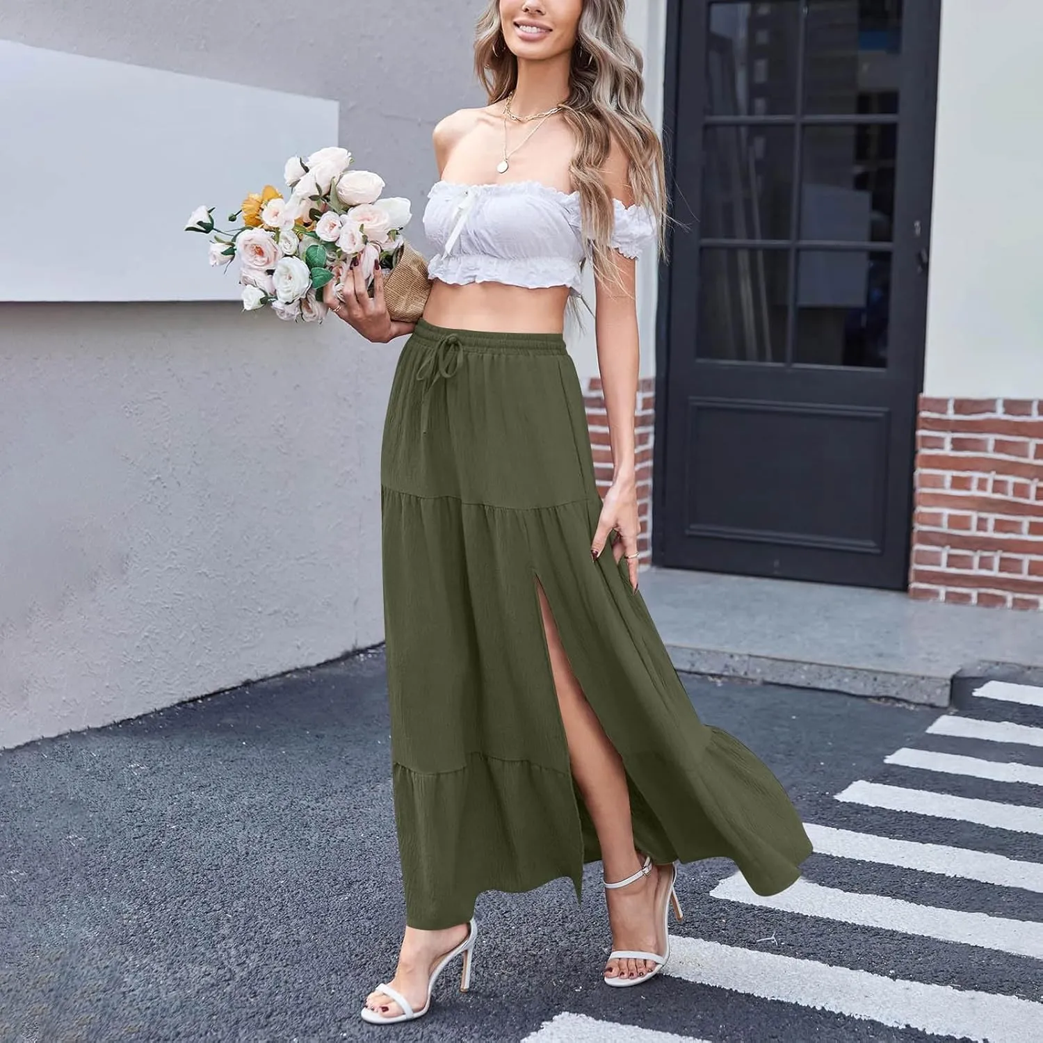 Women's High Elastic Waist Ruffle Tiered High Split Drawstring Flowy Vacation Beach Summer A-Line Maxi Skirt