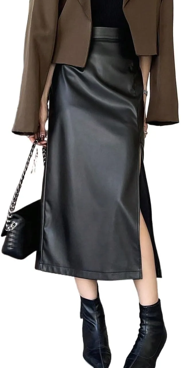 Women's Maxi Skirt Summer Midi High Waist Solid Color Sexy High Slit PU Skirt