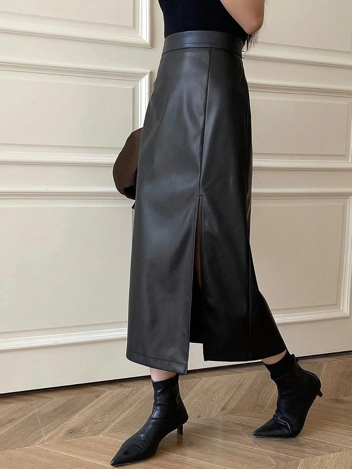 Women's Maxi Skirt Summer Midi High Waist Solid Color Sexy High Slit PU Skirt