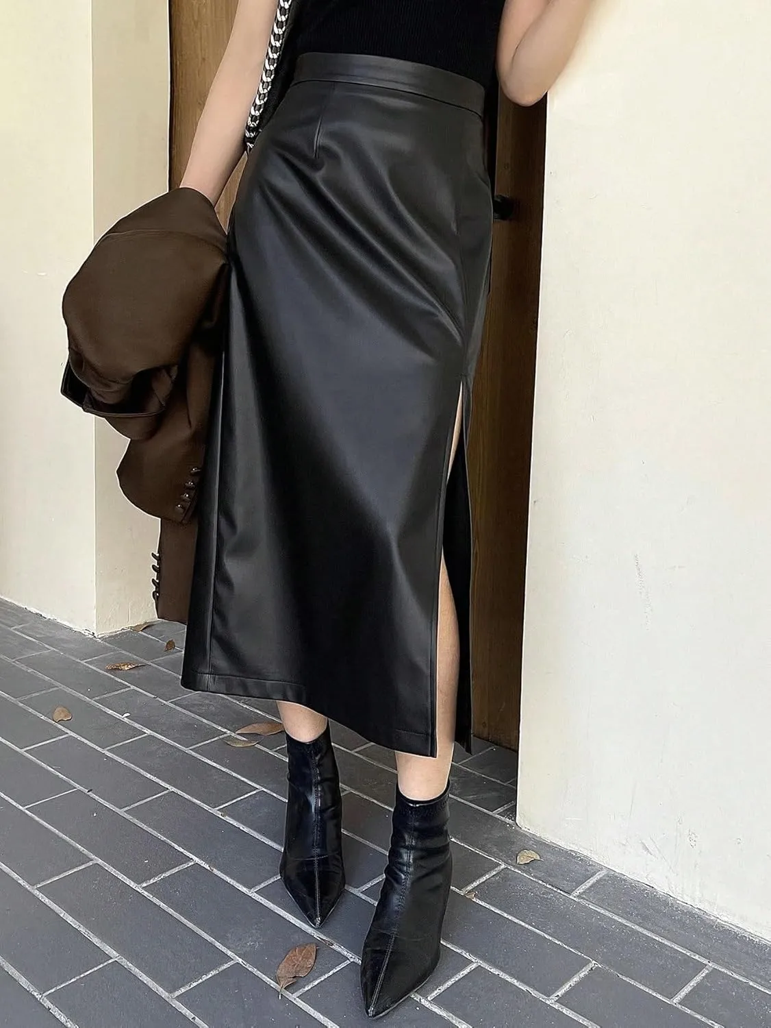 Women's Maxi Skirt Summer Midi High Waist Solid Color Sexy High Slit PU Skirt