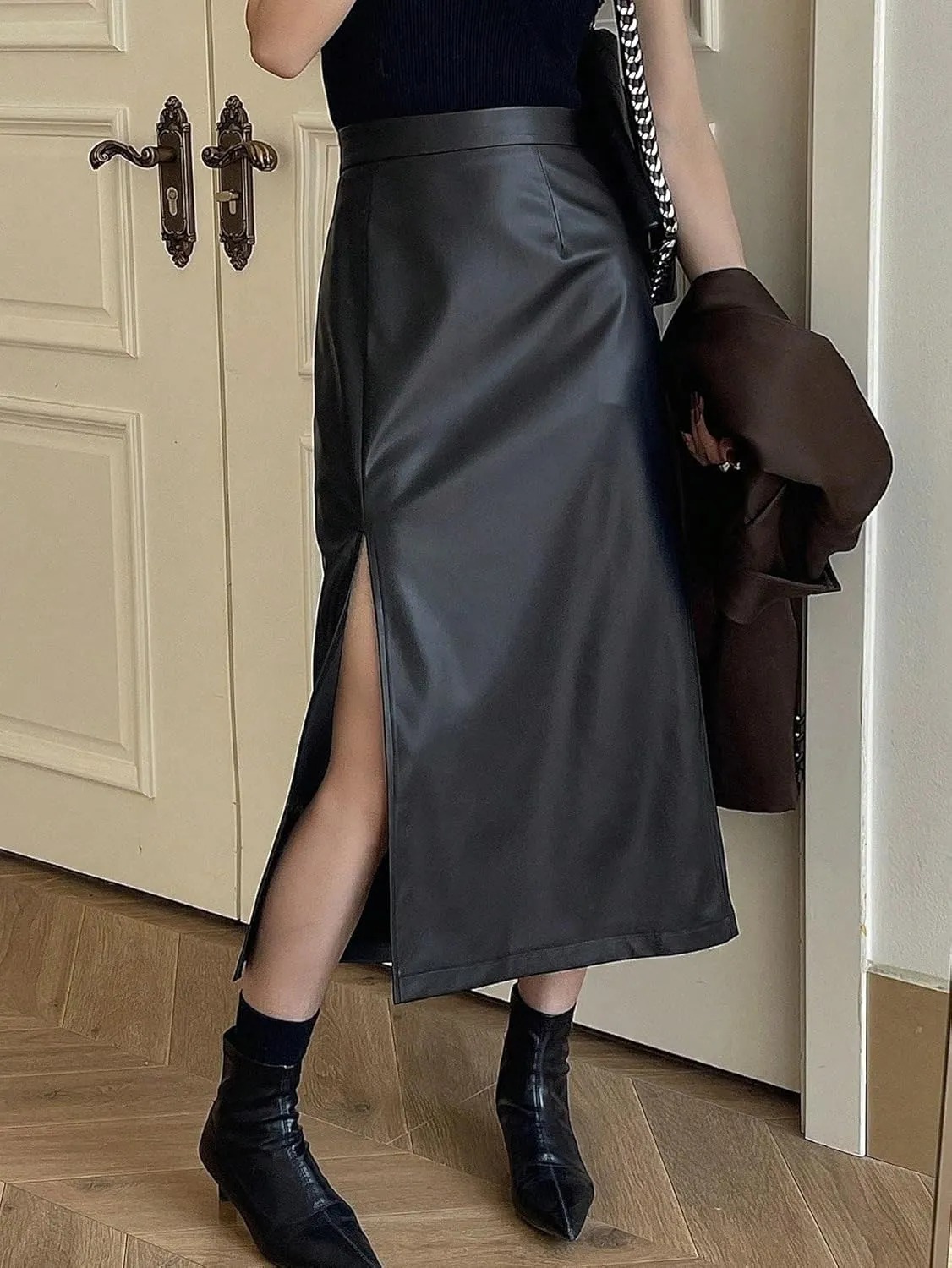 Women's Maxi Skirt Summer Midi High Waist Solid Color Sexy High Slit PU Skirt