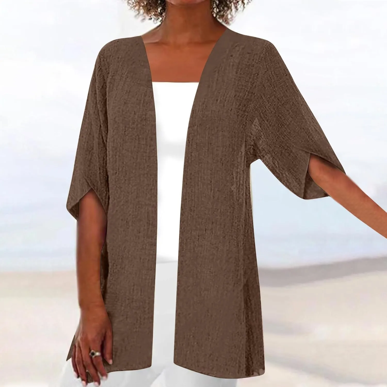 Womens Plus Size Cardigans Lightweight Cotton Solid Color Beach Vacation Long Cardigan Kimono Short Sleeve Cover Ups