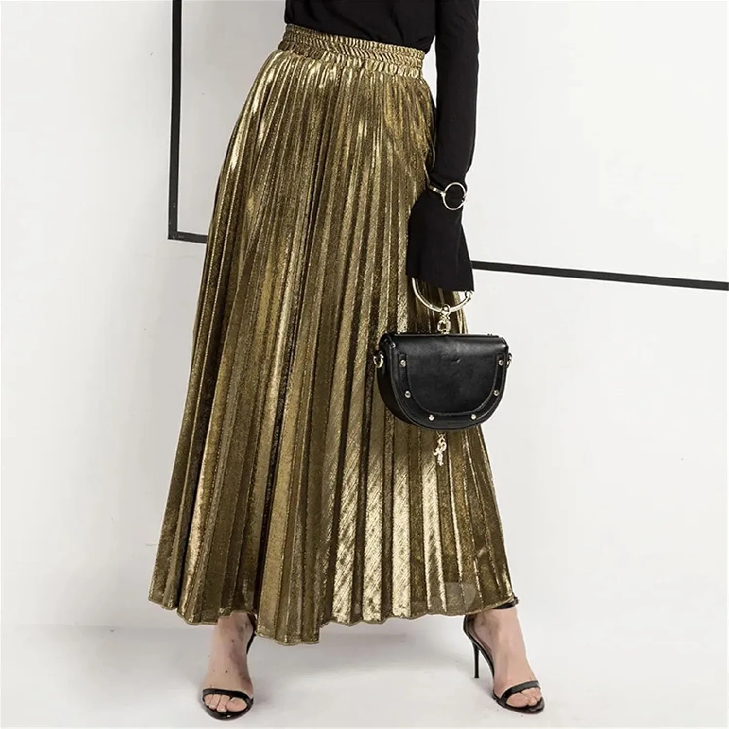 Women's Shiny Pleated High Street Maxi Skirt High Waist Large Swing Causal Party Long Skirts