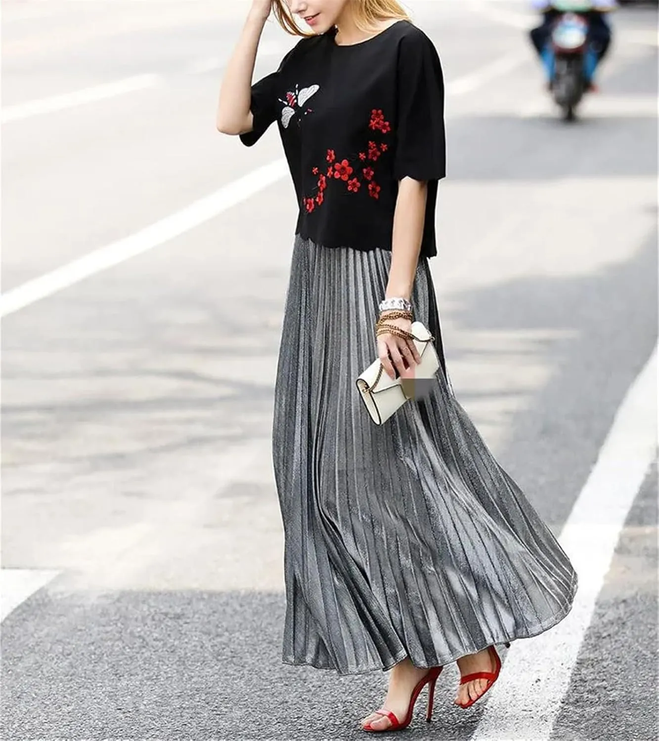 Women's Shiny Pleated High Street Maxi Skirt High Waist Large Swing Causal Party Long Skirts