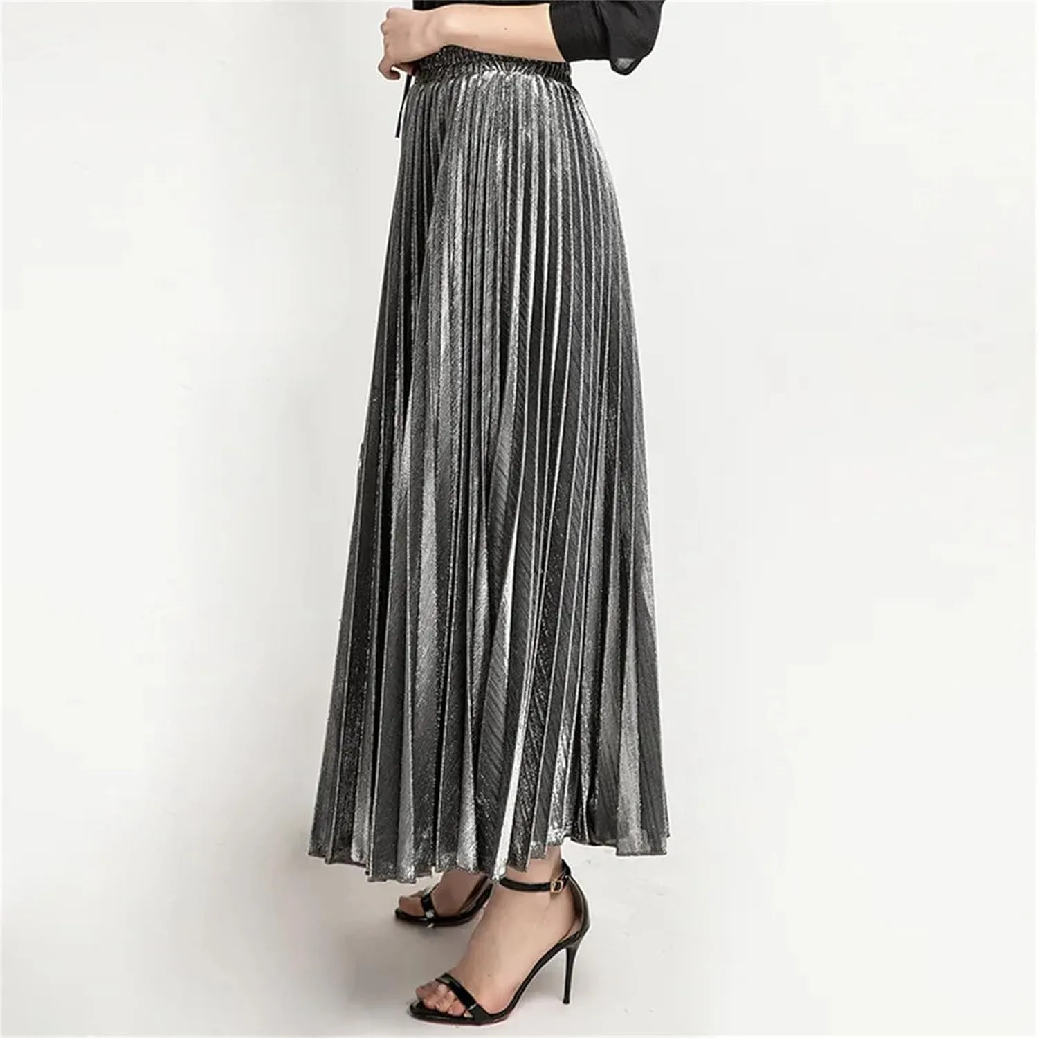 Women's Shiny Pleated High Street Maxi Skirt High Waist Large Swing Causal Party Long Skirts