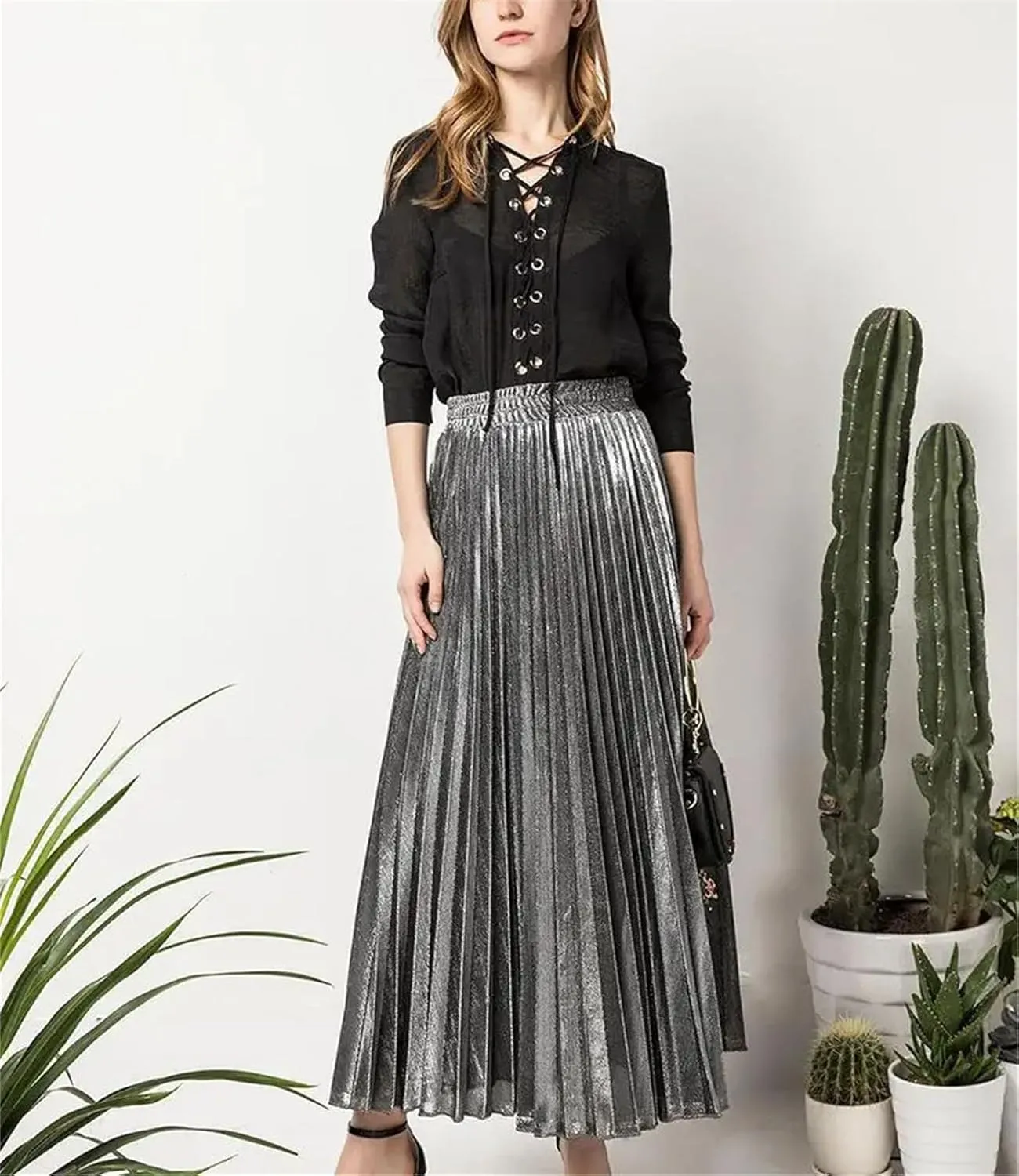 Women's Shiny Pleated High Street Maxi Skirt High Waist Large Swing Causal Party Long Skirts