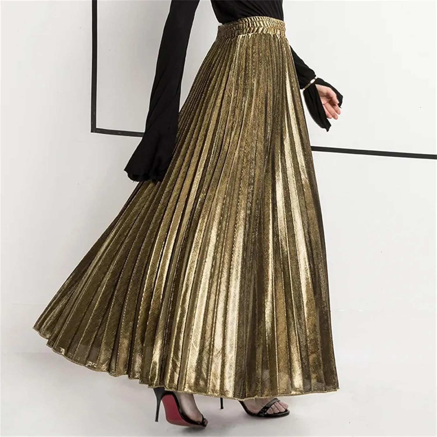 Women's Shiny Pleated High Street Maxi Skirt High Waist Large Swing Causal Party Long Skirts