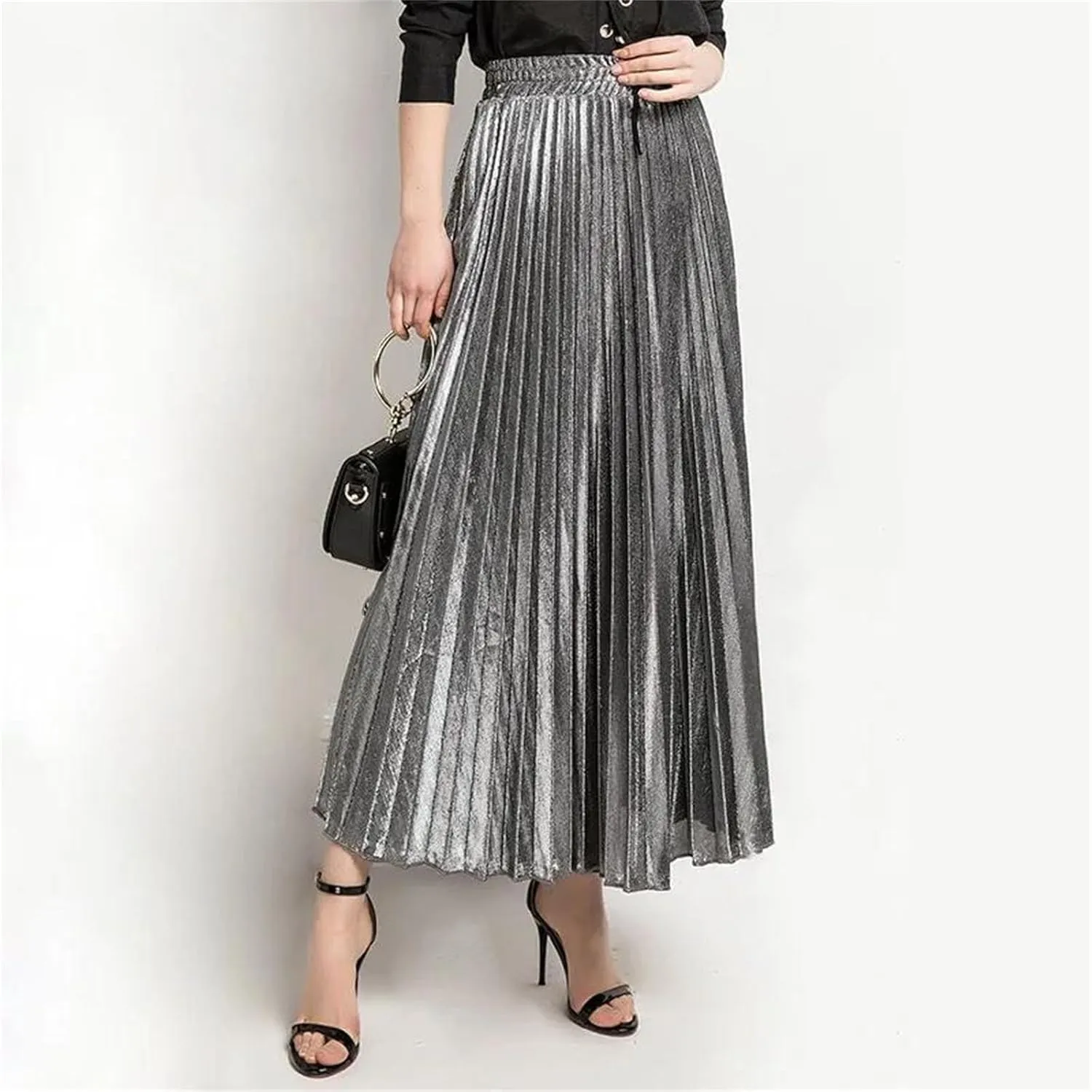 Women's Shiny Pleated High Street Maxi Skirt High Waist Large Swing Causal Party Long Skirts
