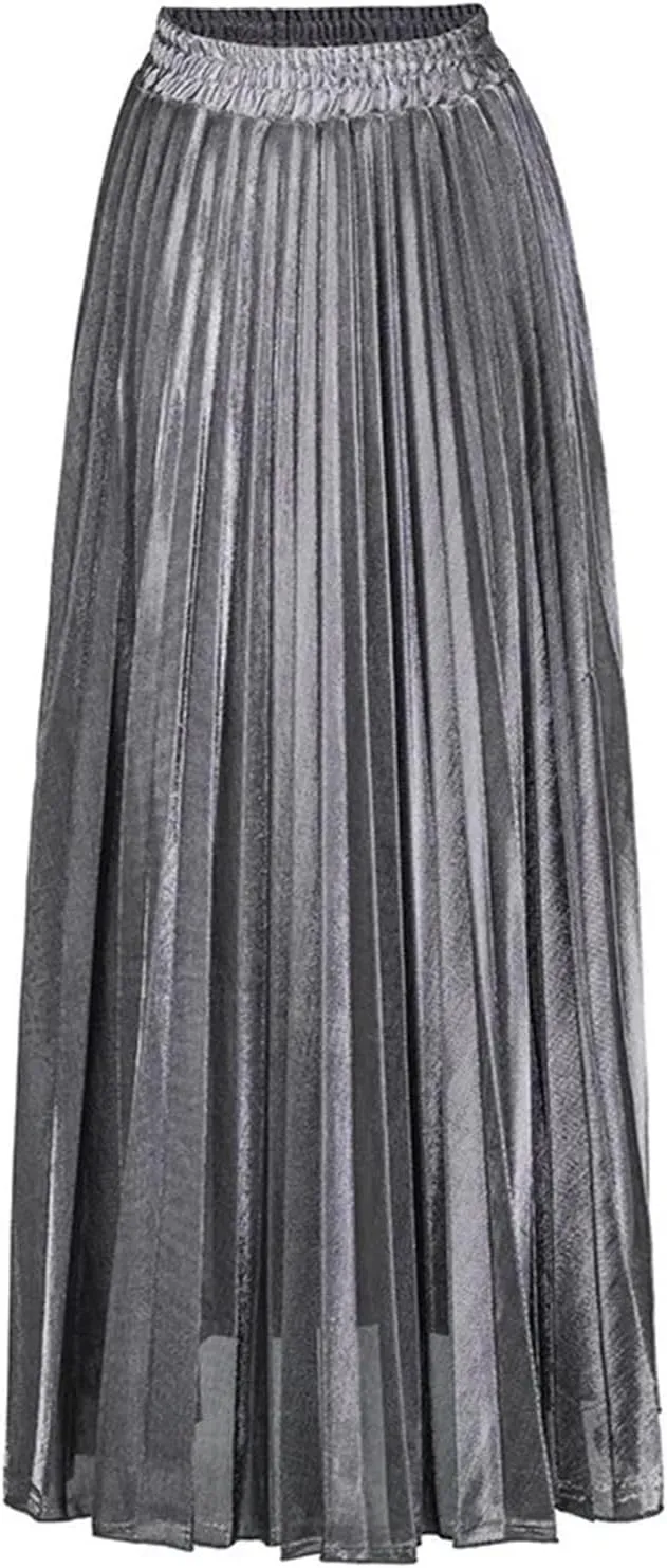 Women's Shiny Pleated High Street Maxi Skirt High Waist Large Swing Causal Party Long Skirts