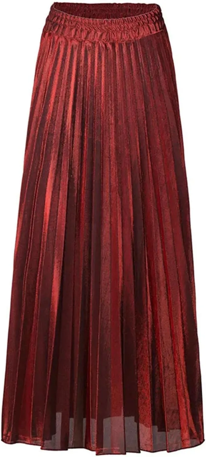 Women's Shiny Pleated High Street Maxi Skirt High Waist Large Swing Causal Party Long Skirts