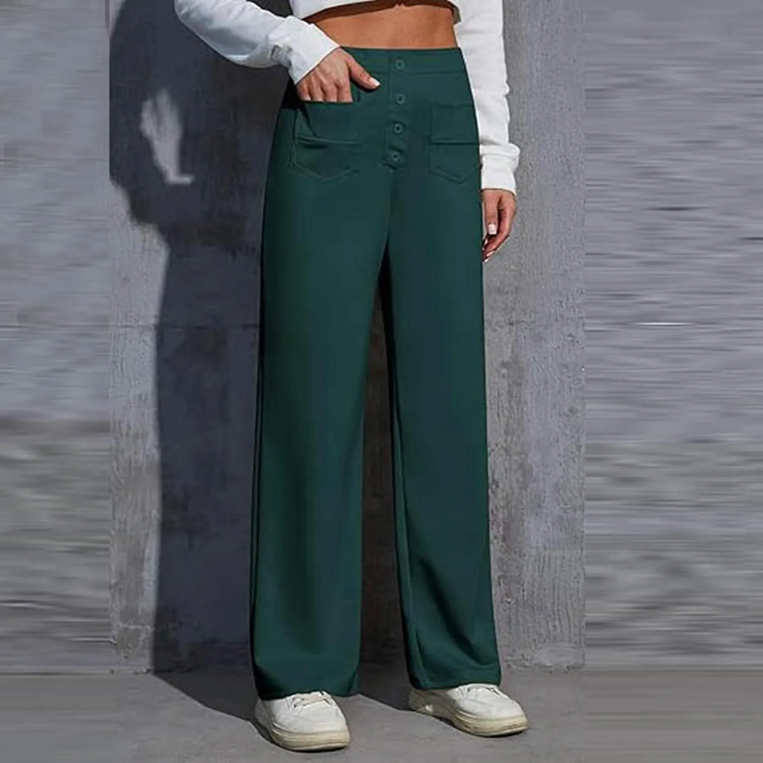 Work Pants for Womens Casual Loose High Waist Straight Pants Button Wide Leg Solid Color Business Trousers with Pockets