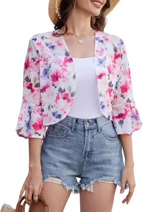 Yekaty Shrugs for Women 3/4 Sleeve Cropped Cardigan Lightweight Summer Sheer Bolero Shrug for Dresses
