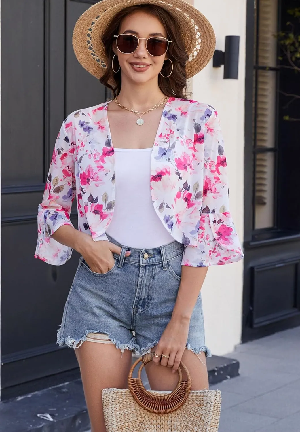 Yekaty Shrugs for Women 3/4 Sleeve Cropped Cardigan Lightweight Summer Sheer Bolero Shrug for Dresses