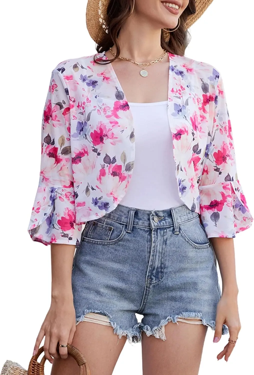Yekaty Shrugs for Women 3/4 Sleeve Cropped Cardigan Lightweight Summer Sheer Bolero Shrug for Dresses