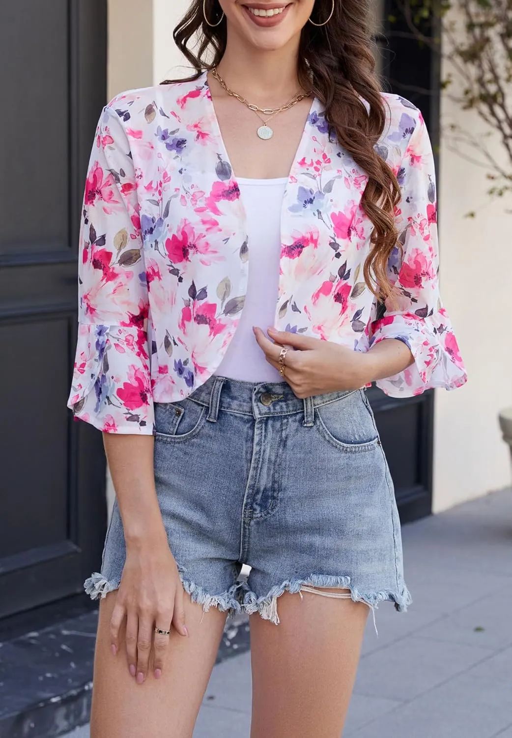 Yekaty Shrugs for Women 3/4 Sleeve Cropped Cardigan Lightweight Summer Sheer Bolero Shrug for Dresses